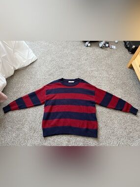 Women’s Navy and Burgundy Striped Crewneck Sweater